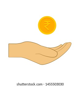 Hand holding golden Indian rupee coin. 