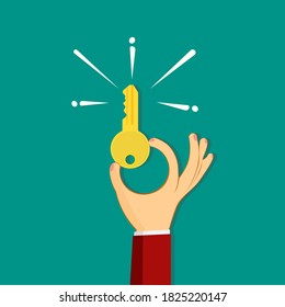 Hand holding a golden key Defense and puzzle solving. vector illustration