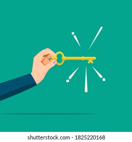 Hand holding golden key. on background. vector illustration