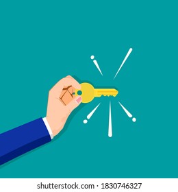 Hand holding golden key. on background. vector illustration