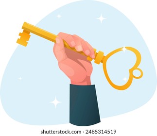 hand holding a golden key. Stock vector illustration