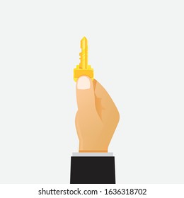 Hand holding golden key vector illustration.