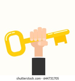 hand holding golden key. Vector illustration isolated on white background
