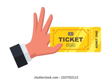 Hand Holding A Golden Movie Ticket. Lucky Ticket. Flat Vector Illustration.