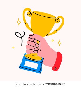 Hand holding golden prize. Winning cup, first place trophy cup. Hand drawn trendy Vector illustration. Isolated design element. Victory, competition concept. Icon, logo, print template