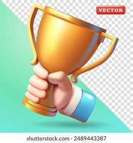 Hand holding a golden trophy, 3d vector. Suitable for design elements