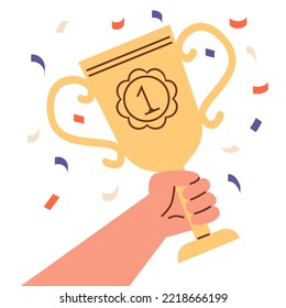 Hand holding golden trophy cup flat cartoon vector illustration isolated on white background. Awards and winning of competition, success and getting prize idea.