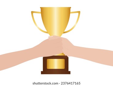 Hand Holding Golden Trophy Cup. Champion and Winning Concept Vector Illustration.	