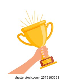 Hand holding a golden trophy cup. Winner symbol illustration. Illustration in flat style.