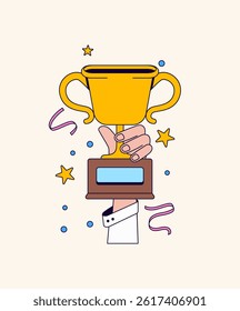 Hand holding up a golden trophy cup, surrounded by celebratory elements like stars, confetti, and ribbons Cartoon Vector Hand drawn Illustration for conveying achievement, success, and celebration