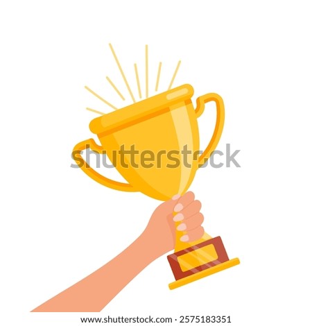 Hand holding a golden trophy cup. Winner symbol illustration. Illustration in flat style.