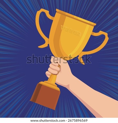 Hand Holding Golden Trophy Cup Vector Illustration ,Winner’s Hand Holding Gold Cup Trophy Vector, white background