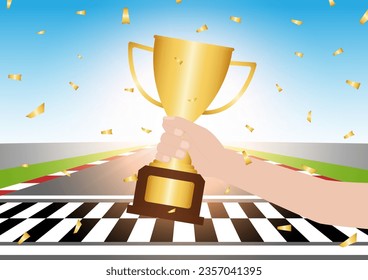 Hand Holding Golden Trophy in Racing Track. Go-kart track. Race track road. Vector Illustration. Champion and Winning Concept. Vector Illustration