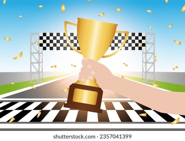 Hand Holding Golden Trophy in Racing Track. Go-kart track. Race track road. Vector Illustration. Champion and Winning Concept. Vector Illustration