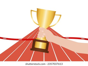 Hand Holding Golden Trophy in Running Track or Athlete Track. Champion and Winning Concept. Vector Illustration.