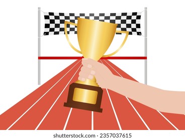 Hand Holding Golden Trophy in Running Track or Athlete Track. Champion and Winning Concept. Vector Illustration.