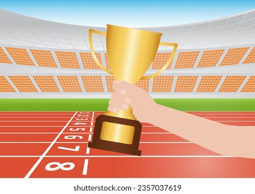 Hand Holding Golden Trophy in Running Track or Athlete Track. Champion and Winning Concept. Vector Illustration.