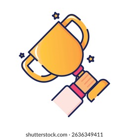 A hand holding a golden trophy, symbolizing victory, recognition, and celebration of success.
