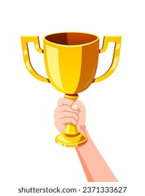 Hand holding golden trophy vector isolated on white background.