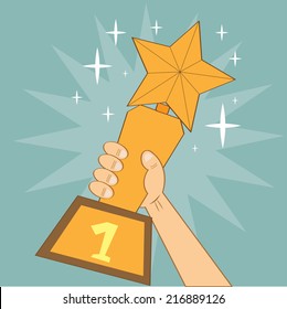 hand holding golden Trophy for winner. Vector illustration