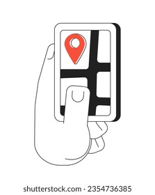 Hand holding gps smartphone monochrome flat vector object. Online navigation app. Editable black and white thin line icon. Simple cartoon clip art spot illustration for web graphic design