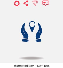 Hand holding gps vector icon on grey background.