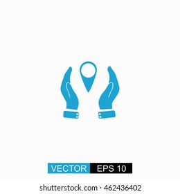 Hand holding gps vector. Isolated blue icon on white background.