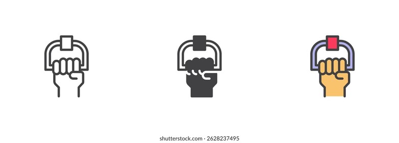 Hand holding a grab bar different style icon set. Line, glyph and filled outline colorful version, outline and filled vector sign. Hold handrail symbol, logo illustration. Vector graphics