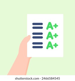 Hand holding A grade paper form. Excellent score result. Performance, success, assessment, achievement, evaluation concepts. Flat vector design illustration isolated on background.