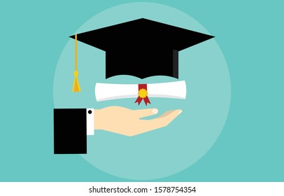 Hand holding graduation cap with diploma vector illustration