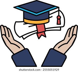 A hand holding a graduation cap and diploma. Concept of accomplishment and success