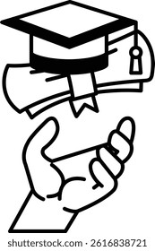 A hand holding a graduation cap and diploma