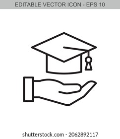 Mano sosteniendo un gorro de graduación. Icono de línea de trazo editable. Ilustración vectorial.