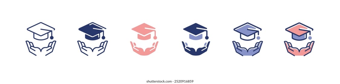 hand holding graduation cap icon set student education support university scholarship with graduate hat signs vector illustration for web and app