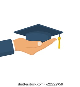 Hand holding graduation cap. Vector illustration flat design. Isolated on white background. Give education concept.