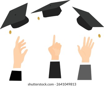 The hand holding graduation caps on white background. 