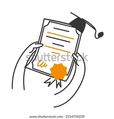 hand holding graduation certificate and graduation hat illustration in doodle cartoon style