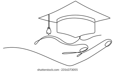 Mano sosteniendo la graduación que una línea continua dibujada. Educación que en el arte de la línea de brazo. Ilustración vectorial aislada en blanco.