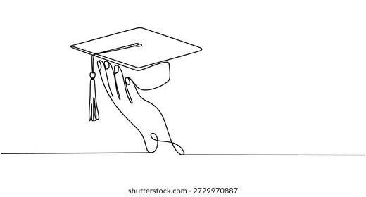 Mano que sostiene el dibujo continuo de una línea del sombrero de la graduación. Sombrero de la Educación en arte de la línea del brazo, una sola línea que dibuja 2 manos que sostienen el casquillo de la graduación.