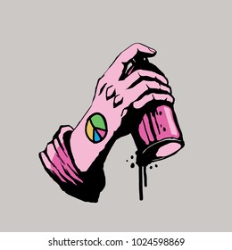 Hand Holding Graffiti Spray Com Paz, Ilustração Vector Estilo Graffiti.