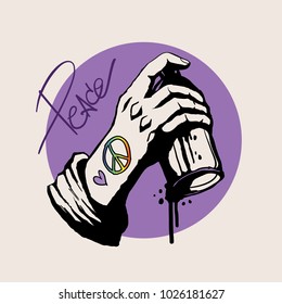 Hand Holding Graffiti Spray With Peace, Graffiti Style Vector Illustration.