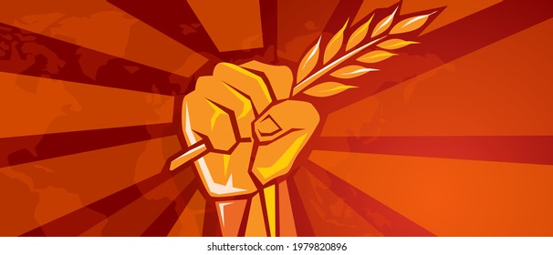 hand holding grain wheat rice crop symbol of revolution fight for prosperity food freedom victory