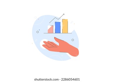 Hand holding graph line icon. Growth chart in palm vector illustration, growing indicators. Progress arrow moves up. High arrow Business.