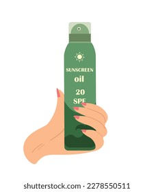 Mano sosteniendo una botella verde de un spray de cuidado solar. Calmar Loción hidratante Producto de pantalla solar.Curtido saludable,Baño solar.Crema anti-UV,Loción.Ilustración vectorial plana de color aislada en fondo blanco