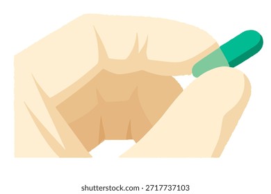 Mão segurando uma cápsula verde, representando medicação, dosagem, cura e bem-estar