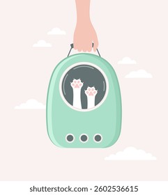 Hand holding green carrier bag with white cat's paws in the window. Flat vector illustration