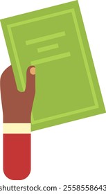 Hand holding a green document, possibly a report, contract, or other important paperwork, symbolizing business, finance, and legal agreements