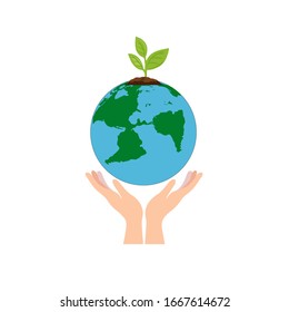 Hand holding green earth icon isolated on white background. Vector illustration.