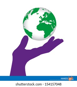 Hand holding a green earth. Vector illustration.