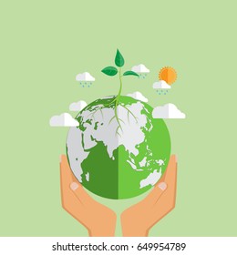 Hand holding green eco earth.With eco and nature concept flat design.Vector illustration.